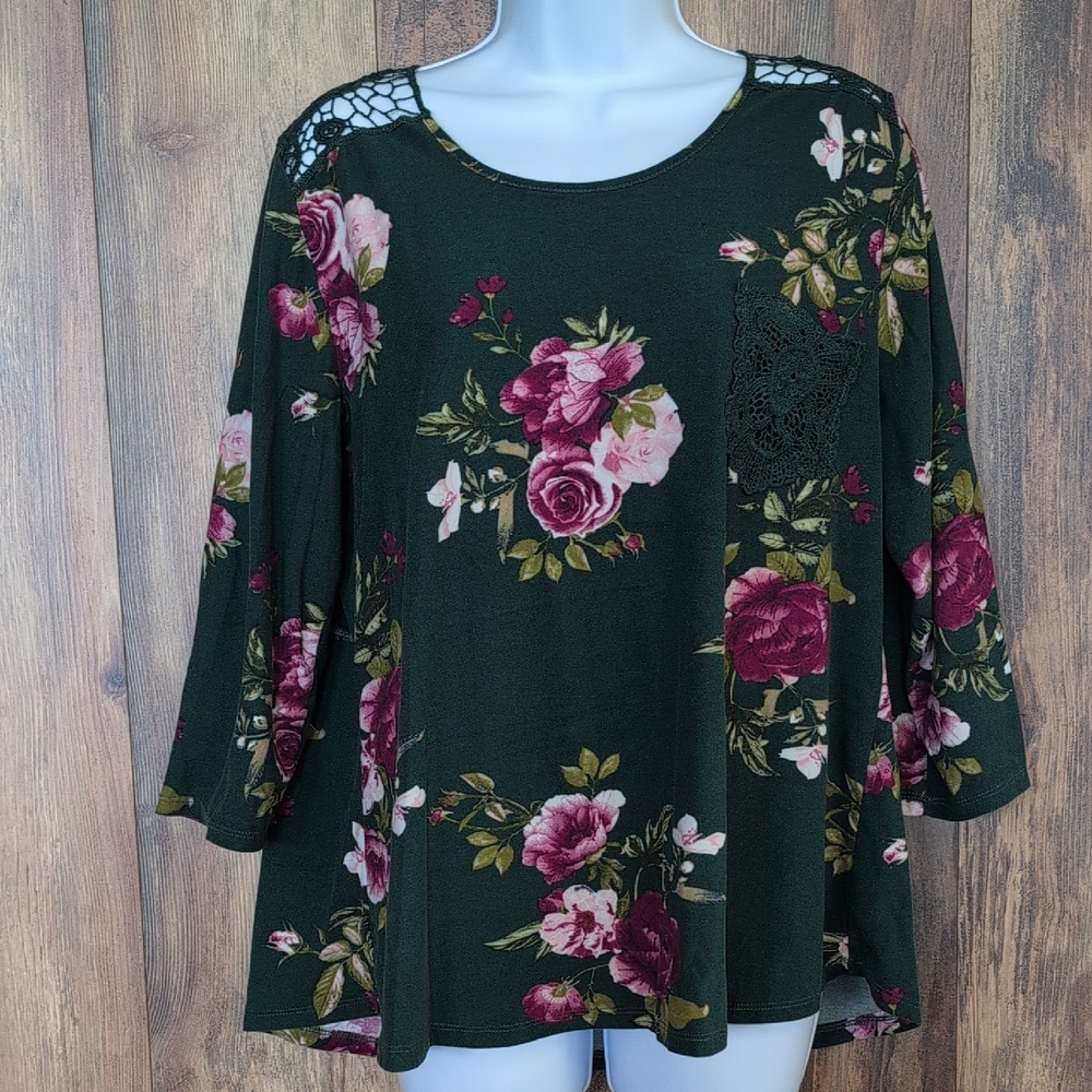 Riley & James Floral Dark Green Women's Crochet Blouse XL            M152